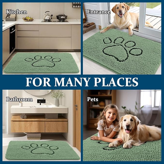 OLANLY Dog Door Mat for Muddy Paws 30x20, Paw Print Design, Absorbs Moisture and Dirt, Absorbent Non-Slip Washable Doormat, Quick Dry Chenille Mud Mat, Entry Indoor Entryway Carpet, Olive Green