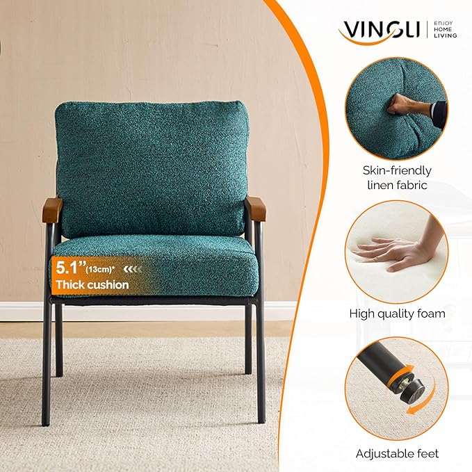 VINGLI Mid-Century Modern Accent Armchiar for Small Space, Small Comfy Upholstered Leisure Reading Chair with Wood Armrest for Bedroom, Living Room, Waiting Room, Linen Dark Green