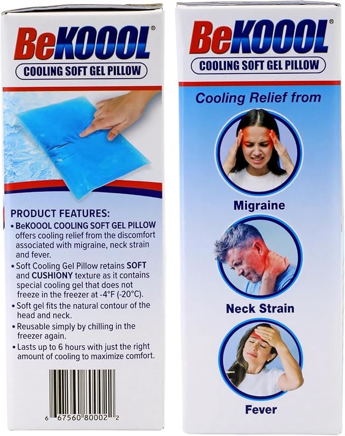 BeKOOOL Cooling Soft Gel Pillow - Reusable Cooling Relief from Migraines, Neck Strain and Fever - Up to 6 Hours of Cooling, Ready to Use, Stays Soft When Frozen