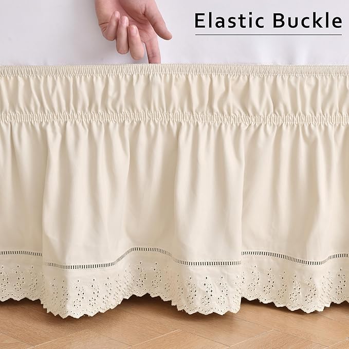 MIYE Wrap Around Ruffled Lace Bed Skirt, Elastic Dust Ruffle with Adjustable Belts, Easy to Put On, Bed Frame Cover, Machine Washable (Embroidered/Light Beige, King/Queen-12.5" Drop)