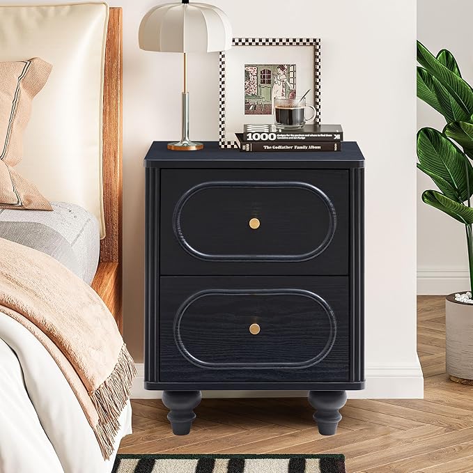 2 Drawer Fluted Mini Small Dresser for Bedroom Set of 2, Mid Century Modern Nightstand Bedside End Table, Wood Storage Dresser Organizer for Bedroom Living Room, Black