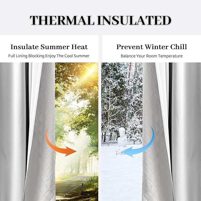 3-in-1 100% Blackout Curtains 90 Inches Long, Thermal Insulation, Soundproof Back Tab Drapes for Bedroom Living Room Sliding Glass Door, with Pin Hooks, Grayish White 50x90Inch 1 Panel