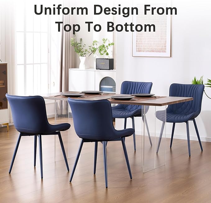 YOUTASTE Navy Blue Dining Chairs Set of 2, Mid Century Modern Comfy Kitchen Chair, Upholstered Faux Leather, Navy Blue Metal Legs, Armless Accent Chairs for Bedroom Vanity Lounge