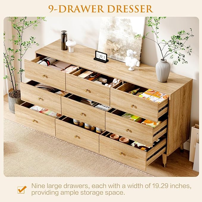 9 Drawer Dresser,63" Wide Mid Century Modern Chest of Drawers,Wooden Bedroom Drawer Dresser with 9 Storage Drawers for Bedroom, Living Room,with Anti-Tipping Device,Natural