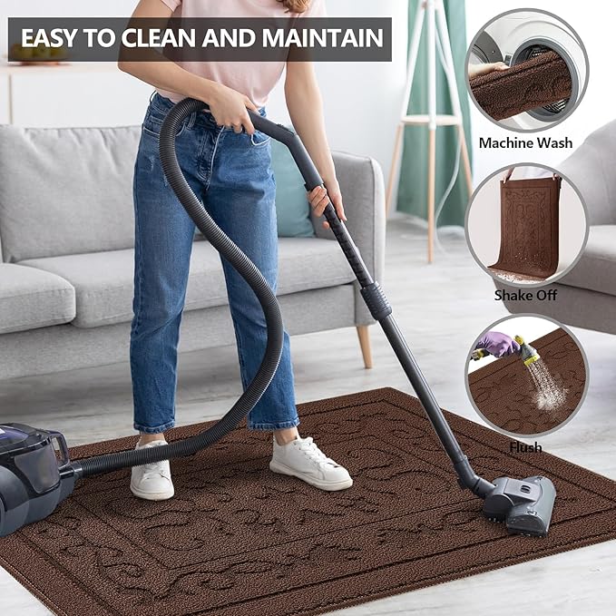 FONEYI Indoor Door Mat 32" x 48", Dirt Trapper Door Mats Non-Slip Entryway Rugs Washable, Absorbent Resist Dirt Welcome Mat, Low Profile Inside Floor Mats for Front Back Door and Entryway, Coffee