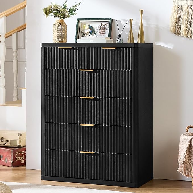 LEYAOYAO Fluted 6 Drawers Dresser for Bedroom Set of 2, 42" Tall Modern Chest of Drawers with Metal Handle, Curved Profile Design,Black Wood Drawer Organizer for Bedroom, Living Room, Hallway
