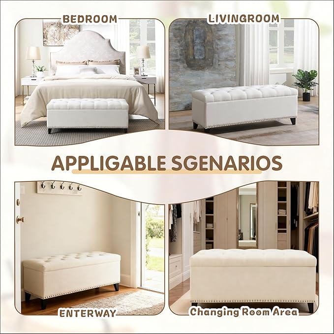47.5“ Storage Ottoman Bench, Upholstered Button-Tufted End of Bed Bench with Soft-Close Hinge & Solid Wood Legs, Foot Rest for Living Room, Bedroom, Hallway (Linen, White)