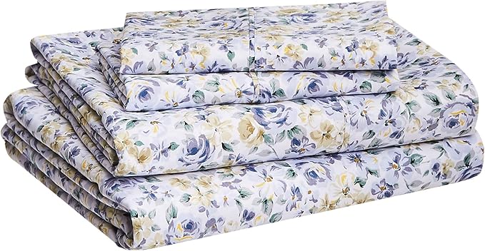 Amazon Basics Lightweight Super Soft, Breathable Easy Care Microfiber 4 Piece Bed Sheet Set with 14-Inch Deep Pockets - King, Blue Floral