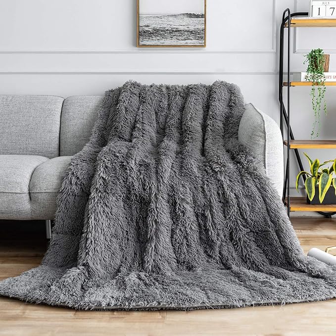 Uttermara Faux Fur Weighted Blanket Twin Size 15 Pounds, 48" x 72" Sherpa Heavy Blanket Throw for Couch Sofa Bed, Super Soft Plush Fleece & Warm Cozy Sherpa Reverse, Great for Calming and Relax, Gray