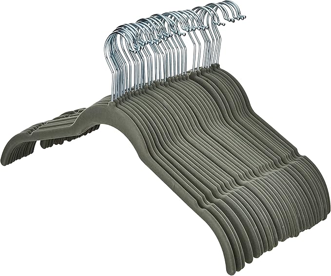 Amazon Basics Slim, Velvet, Non-Slip Shirt Clothes Hangers, Gray/Silver - Pack of 30