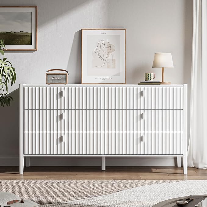 6 Drawer Dresser, Modern Chest of Drawers for Bedroom, Wood Fluted Dresser Organizer with Deep Drawers for Clothes, Nightstand for Bedroom, Hallway, Living Room, Entryway, White