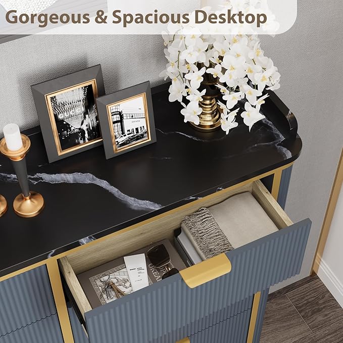 Fluted Shoe Cabinet Storage, Modern Slim Shoe Organizer Cabinet with 4 Flip Drawers & 2 Drawers, Wooden Freestanding Shoe Rack Cabinets for Entryway, Foyer, Hallway, Navy Blue