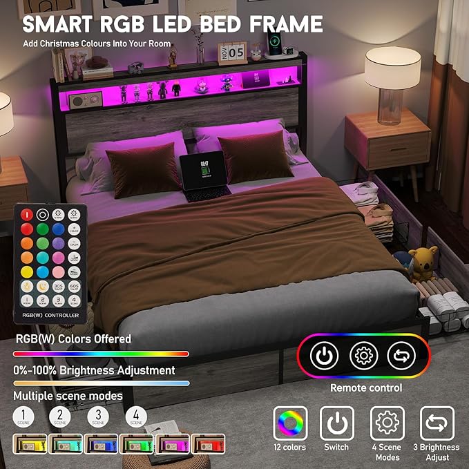 Full Size Bed Frame with 4 Storage Drawers and Headboard with Charging Station and LED Lights,2 Tier Solid Wood Headboard Storage/Noise Free/No Box Spring Needed/Remote Control/Rustic Grey
