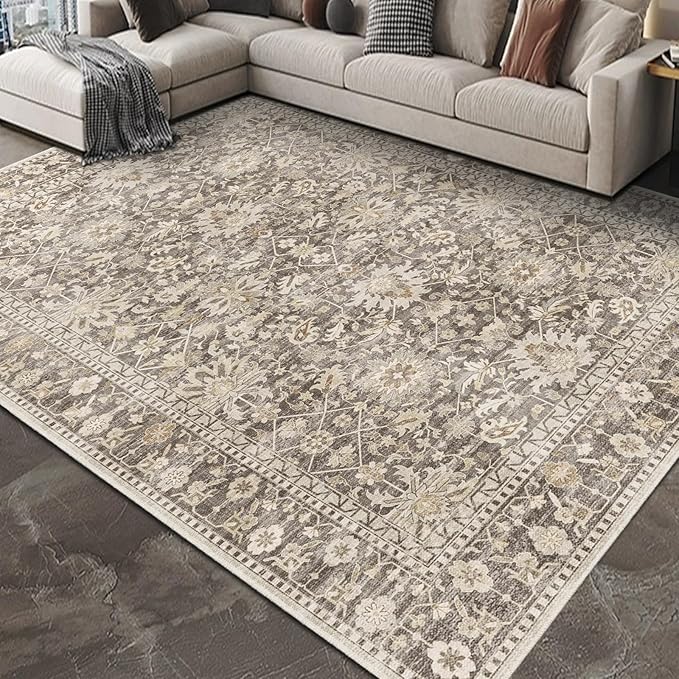 7X9 Area Rugs Machine Washable Rugs for Living Room Bedroom Hallway, Non Slip Indoor Soft Accent Distressed Boho Vintage Print Lightweight Thin Low Pile Carpet (Coffee, 7x9)
