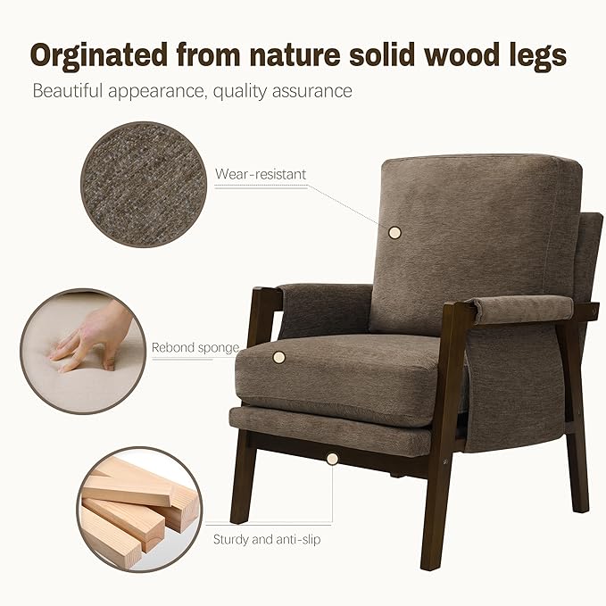 Dark Brown Accent Chairs for Living Room Set of 2, Modern Arm Chairs for Bedroom, Wooden Upholstered Mid Century Accent Chairs, Fabric