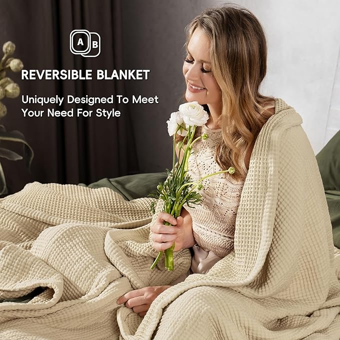PHF 100% Cotton Waffle & Muslin Blanket King Size, Soft Breathable Luxury 400GSM Versatile Reversible Bedding for Bed, Great for Layering in Cold Weather, Home Decor Gift, 104" x 90", French Oak