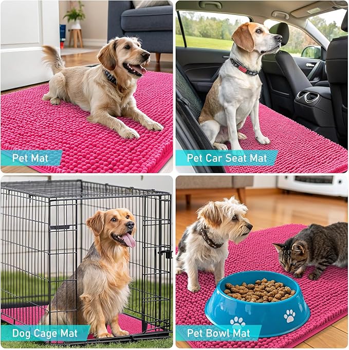 OLANLY Dog Door Mat for Muddy Paws 44x24, Absorbs Moisture and Dirt, Absorbent Non-Slip Washable Doormat, Quick Dry Chenille Mud Mat for Dogs, Entry Indoor Entryway Carpet for Inside Floor, Hot Pink