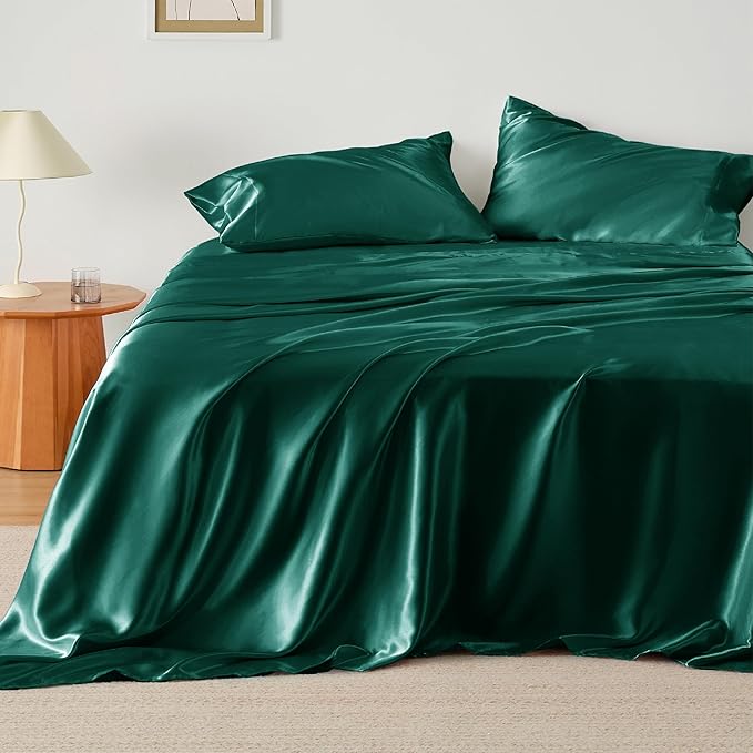 Bedsure Satin Sheets King Size - 4 Piece Silky Bedsheets with 15 Inches Deep Pocket Fitted Bedsheet,1 Flat Sheet, 2 Satin Pillowcases, Good for Hair & Skin (King, Dark Green)
