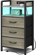 Night Stand with Charger Station - Grey Nightstand with LED Light Strip, Morden Bedside Table with USB Ports & AC Outlets, End Table with Storage Shelf & 3 Fabric Drawers