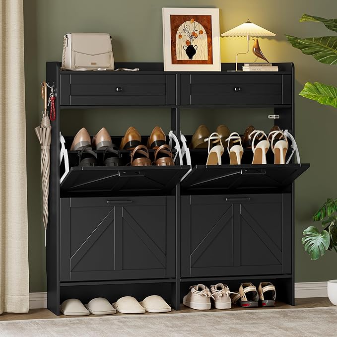 Shoe Storage Cabinet for Entryway, Farmhouse Wide Shoe Cabinet with 4 Flip Drawers and 2 Top Drawers, Freestanding Organizer with Adjustable Shelves, Hooks, and Anti-Tip Kit for Hallway