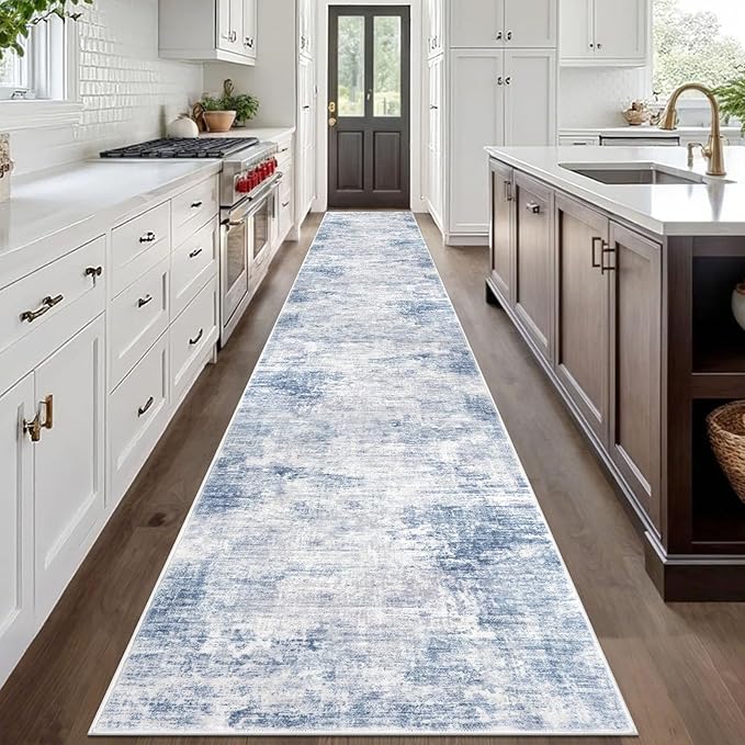 IOHOUZE Abstract Runner Rug 3x20 Ft Extra Long Washable Runners for Hallways, Non Slip Kitchen Runner Printed Faux Wool Entryway Runner Indoor, Modern Floor Carpet for Hall Stair, Light Blue White