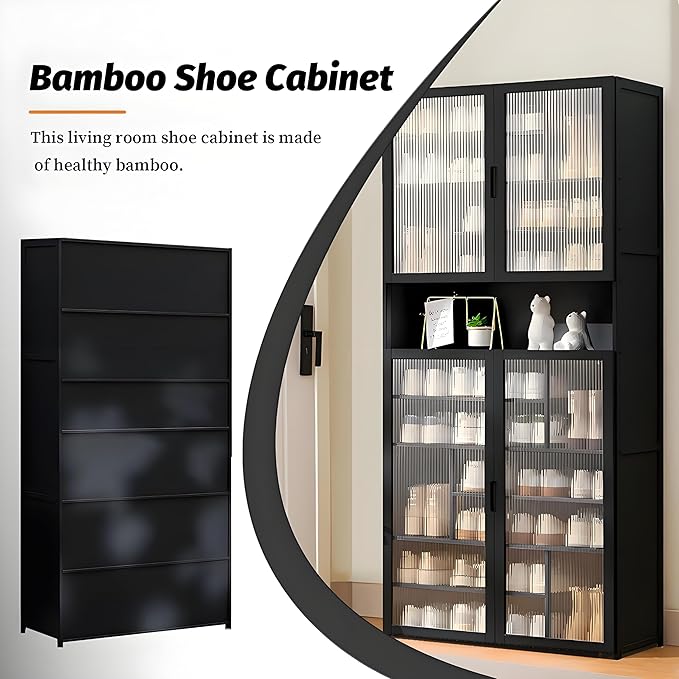 Tall Shoe Cabinet with Clear Doors, Large Capacity Bamboo Shoe Cabinet, 40-45 Pairs Shoe Rack Organizer for Closet Entrance, Hallway, Living Room, Bedroom