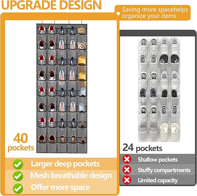 Over the Door Shoe Organizer, 40 Large Mesh Pockets Hanging Shoe Rack Organizer for Closet Behind The Door Storage Holder for Entryway Bedroom Dorm Gray