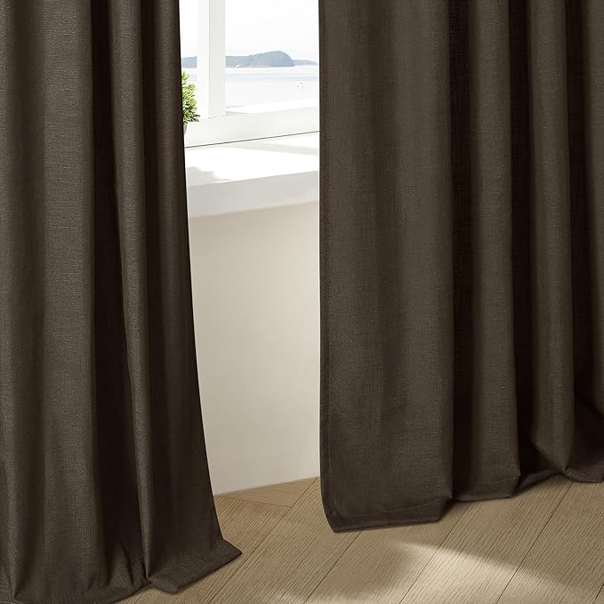 Dark Chocolate Pinch Pleated Linen Curtains 2 Panels for Living Room Bedroom Memory Training Shaped Semi Sheer Pleat Drapes with Hooks Rings Light Filtering Window Curtain 40x45