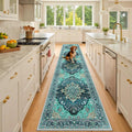 Area Rugs 2'x10' Washable Non-Slip, Floral Vintage Distress Print Pattern Medallion Carpet for Living Room Bedroom Dining Room, Teal Green Lake Blue Turquoise