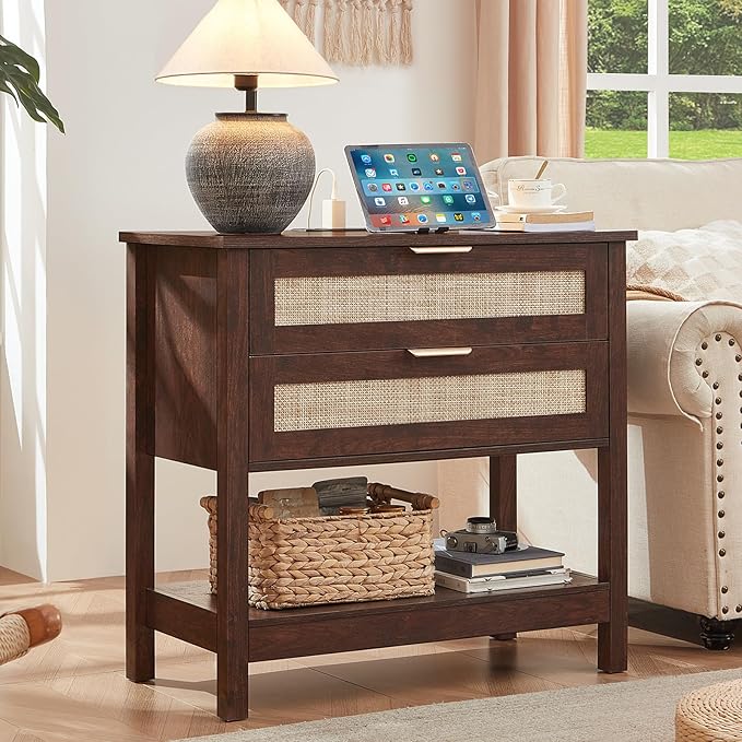 LEYAOYAO 31.5" Wide Rattan Night Stand with Charger Station, Oversized Large Walnut Nightstand with 2 Drawer, Boho Bed Side End Tables with Storage, Tall Bedside Table for Bedroom Living Room, Hallway