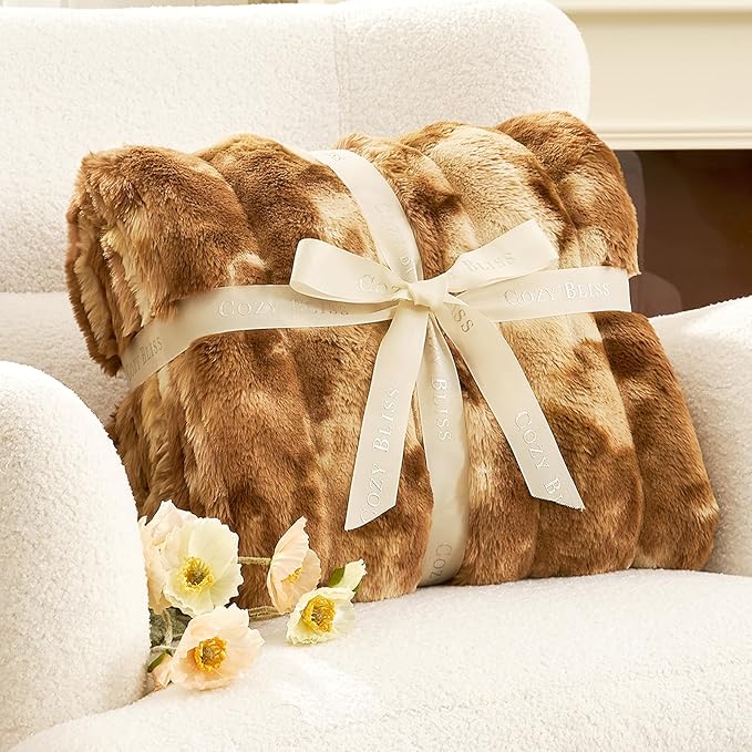 Cozy Bliss Faux Fur Throw Blanket for Couch, Fuzzy Soft Plush Thick Striped Blanket for Sofa Bedroom Living Room, 50 * 60 Inches Tie-dye Brown