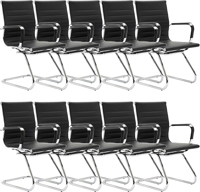 Wahson Office Guest Chairs Set of 10, Leather Reception Chairs, Mid Back Waiting Room Chair, Conference Chairs with Sled Base, Desk Chair No Wheels for Meeting/Lobby/Restroom, Black