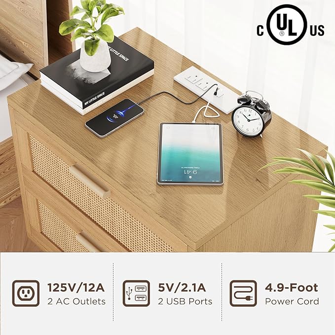 Rovaurx Rattan Nightstand with 2 Drawers, Bedside Table Small Night Stand with Charging Station, End Table for Bedroom, Boho Side Table with Solid Wood Legs for Bedroom, Modern Natural RCTG111ME
