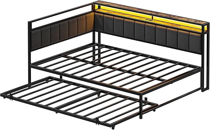 LIKIMIO Corner Full Bed Frame with Trundle, Upholstered Storage Headboard & LED Lights, Full Size Daybed with Charging Station, Sturdy Platform Metal Frame for Living Room, Bedroom, Guest Room, Gray