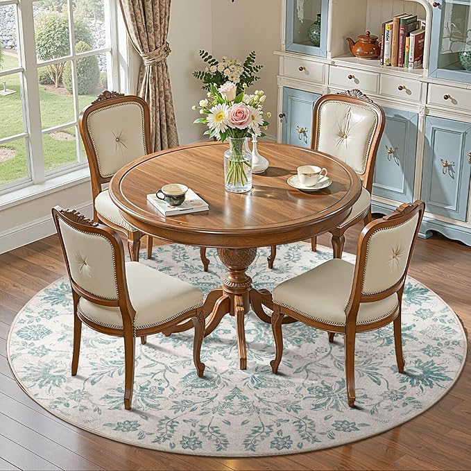 jinchan Torino Classic Floral Round Rug 6ft Vintage-Inspired Design 6’Circle Rug Machine Washable Ultra-Thin Low-Pile Non-Slip Indoor Carpet for Bedroom Dining Room Living Room Entryway