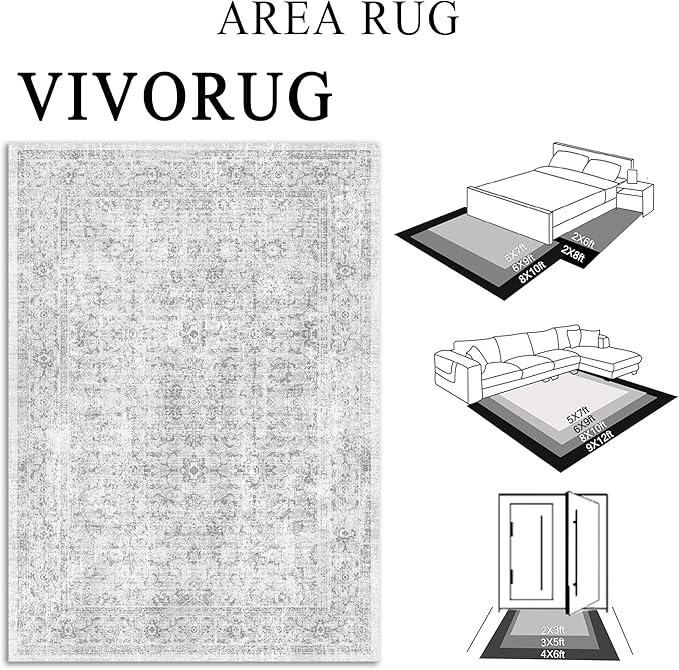 vivorug 9x12 Area Rugs for Living Room, Non Slip Machine Washable Vintage Rug, Ultra-Thin Lightweight Large Area Rug for Bedroom, Dining Room, Low Pile Grey