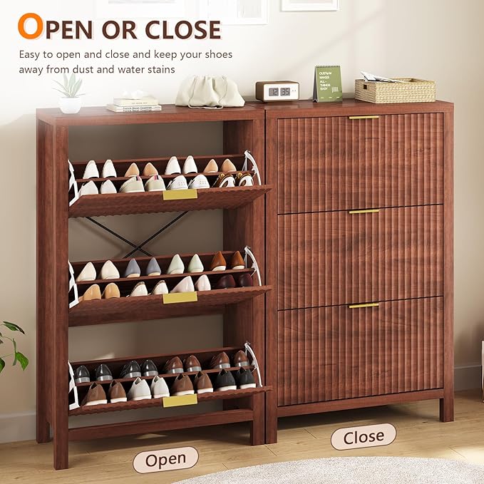 Shoe Cabinet Storage for Entryway, Fluted Shoe Cabinet with 3 Flip Drawers, Hidden Shoe Rack Tall Freestanding Shoe Organizer with Legs for Hallway, Walnut