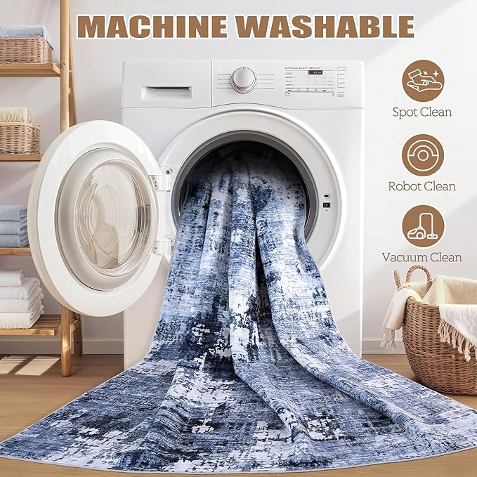 Area Rug Living Room Rugs - 7x9 Washable Large Soft Indoor Neutral Modern Abstract Low Pile Rug Carpet for Bedroom Dining Room Farmhouse Home Office - Navy Blue