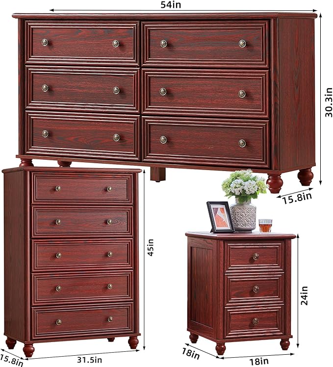 Farmhouse Dressers & Night Stand Set of 4, Wood 54" Wide Dresser & 45" Tall Chest of Drawers, 18" with Charging Station Nightstand Set of 2, Bedroom Furniture Dresser Set for Home Living Room Hallway