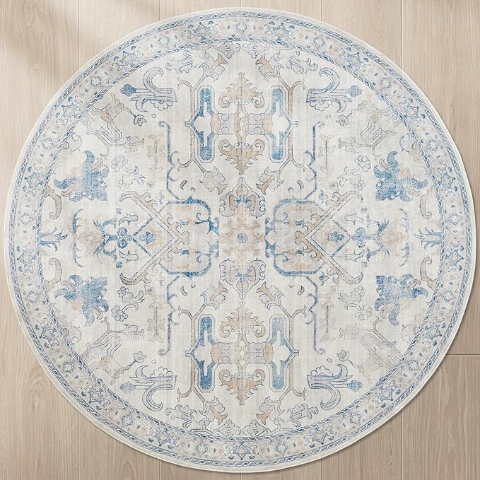 jinchan Round Rug 5ft Area Rug Indoor Vintage Floral Circle 5' Washable Ultra-Thin Low Pile Soft Small Non Slip Distressed Print for Living Room Dining Room Bedroom Entryway Blue
