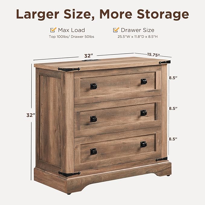 T4TREAM 32" Farmhouse Nightstand with Charging Station Set of 2, Large End Table with 3 Storage Drawers, Rustic Wood Bedside Table for Bedroom, Living Room, Rustic Oak