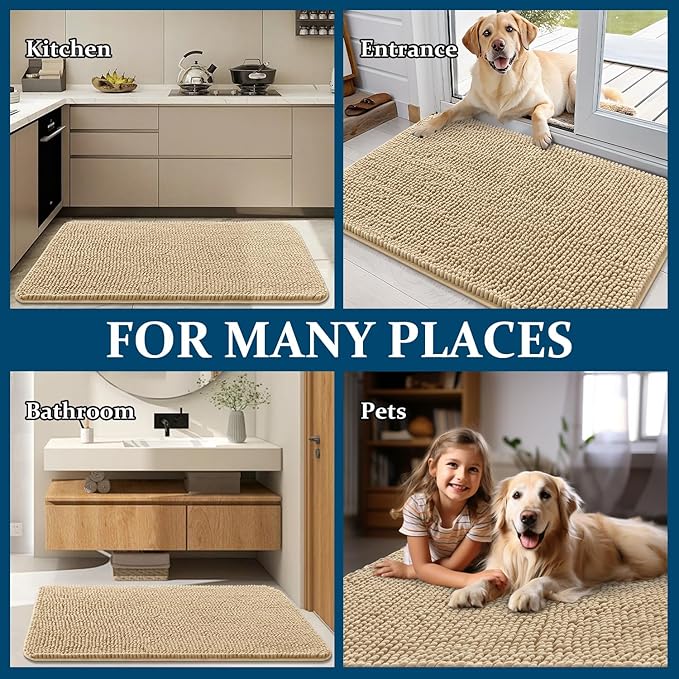 OLANLY Dog Door Mat for Muddy Paws 59x20, Absorbs Moisture and Dirt, Absorbent Non-Slip Washable Doormat, Quick Dry Chenille Mud Mat for Dogs, Entry Indoor Entryway Carpet for Inside Floor, Beige