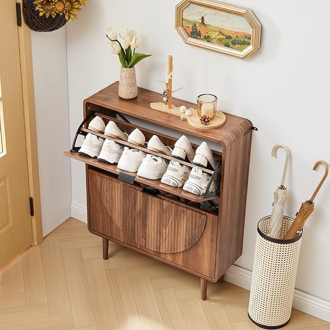Turtle&Myrtle Modern Shoe Storage Cabinet for Entryway, Narrow Shoe Organizer Cabinet, 2-Tier Flip Down Drawers, Small Freestanding Hidden Wood Slim Shoe Rack,Round Fluted Pattern (Walnut)