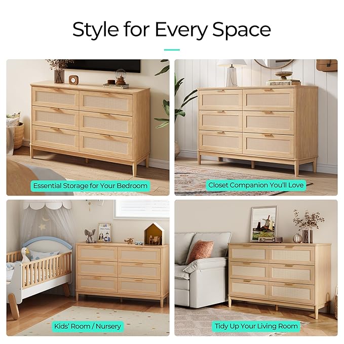 LINSY HOME Rattan Dresser for Bedroom with 6 Drawers, 47" Wide Chest of Drawers, Mid Century Modern Dresser TV Stand with Metal Handle, Wood Closet Storage Cabinet for Living Room, Hallway, Oak