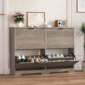 Shoe Cabinet Storage for Entryway with 4 Flip Drawers, Grey Fluted Shoe Cabinet with Adjustable Shelves, Wooden Hidden Shoes Rack Freestanding Narrow Slim Shoes Storage for Hallway, Entrance