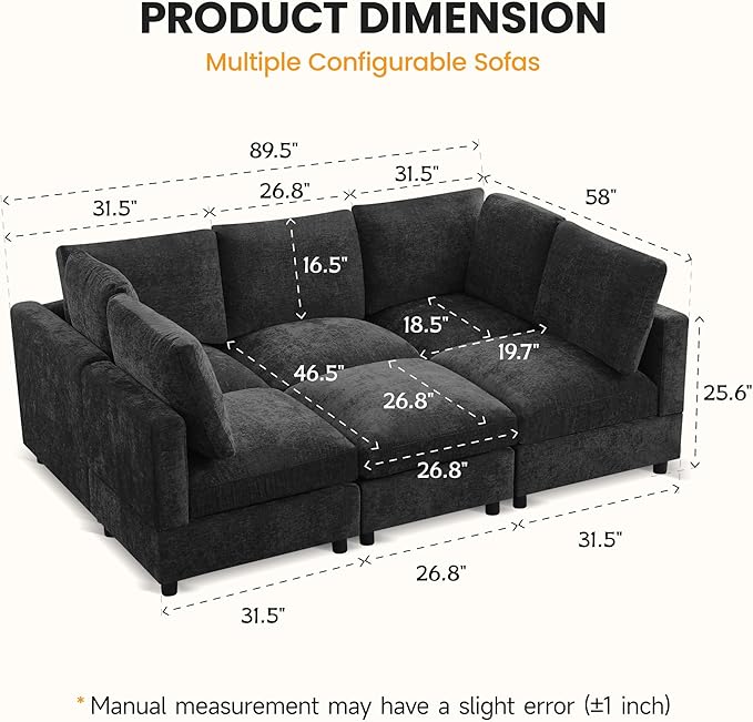 89'' Modular Sectional Cloud Sofa Bed, 6-Seater Convertible Sofa Couch with Ottoman, Modern Deep Seat Sleeper Sofa for Living Room, Chenille Dark Grey