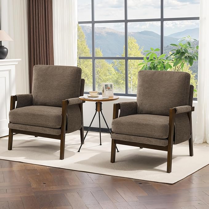 Dark Brown Accent Chair for Bedroom & Living Room, Mid Century Modern Accent Arm Chair, Upholstered Anthropologie Accent Chair with Solid Wood Frame, Fabric
