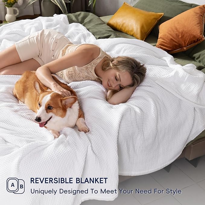 PHF 100% Cotton Waffle & Muslin Blanket Queen Size, Soft Breathable Luxury 400GSM Versatile Reversible Bedding for Bed, Great for Layering in Cold Weather, Home Decor Gift, 90" x 90", White