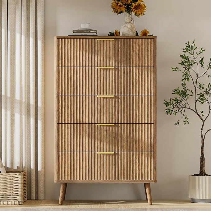 LYNSOM Fluted 5 Drawers Dresser, 45" Tall Modern Chest of Drawers with Curved Profile Design and Metal Handle, Wood Drawer Organizer for Bedroom, Living Room, Hallway, Entryway, Walnut