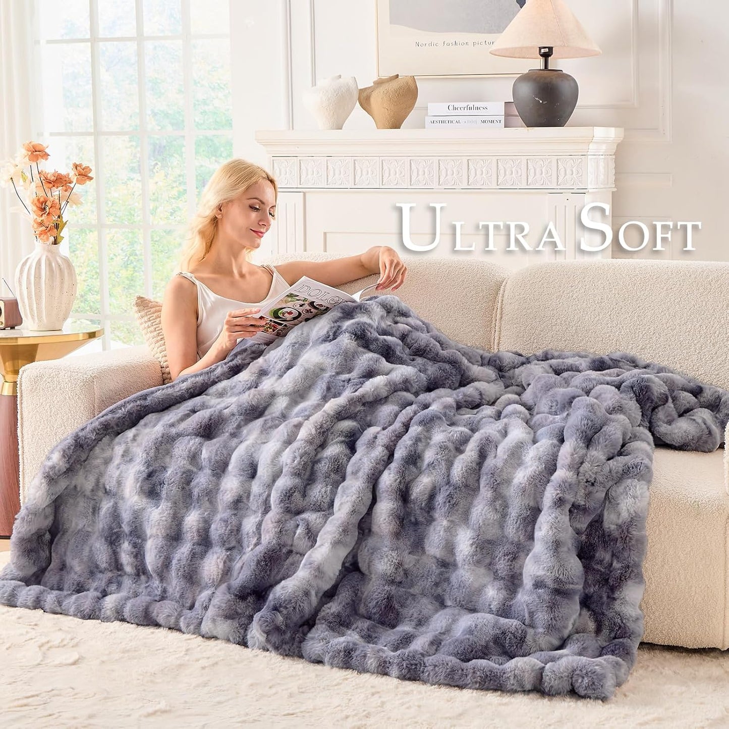 BENVWE Fluffy Faux Fur Throw Blanket for Couch - Soft, Plush, Thick, Cozy, Fuzzy Luxury Minky Bubble Blanket for Home Living Room Decor, Gifts for Women, Tie-dye Light Grey, 51" x 63", 1100GSM